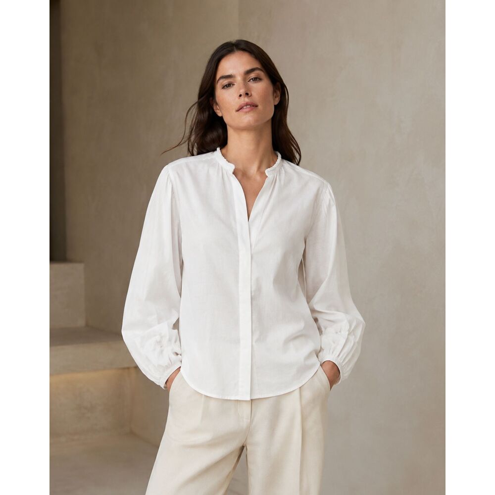 Vince Cotton Poplin Blouse S Split V-Neck Button Front Minimalist Career White